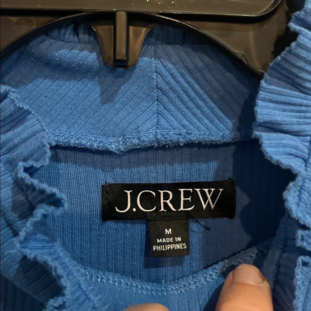 J. Crew Royal Blue Long Sleeve Ruffled Neck Ribbed Size Medium - Picture 6 of 8